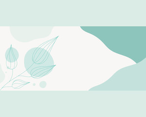 Pale blue minimalistic wallpaper with outline botanical element. Elegant and simple wallpaper with abstract shapes. Pale turquoise color. Vector art