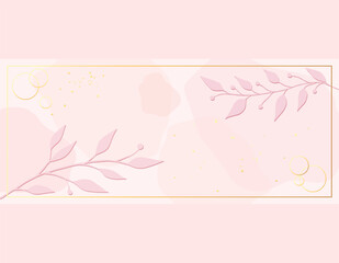 Elegant tender pink wallpaper with hand drawn branches and interspersed gold in a frame. Textured background. Suitable for save the date cards, invitations and wedding. Vector art