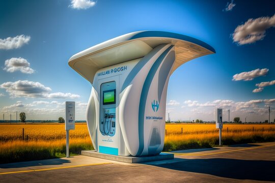 Moderne Ladestation im Freien für Wasserstoff und Elektro Autos, Klimaneutrales Tanken, ai generativ