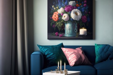  a painting of flowers in a blue vase on a blue couch with a pink and white pillow and a lit candle on a white table.  generative ai
