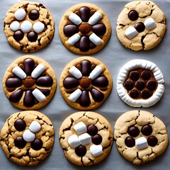 Fototapeta premium Una imagen realista de varias galletas con malvaviscos y chocolate, generadas por inteligencia artificial