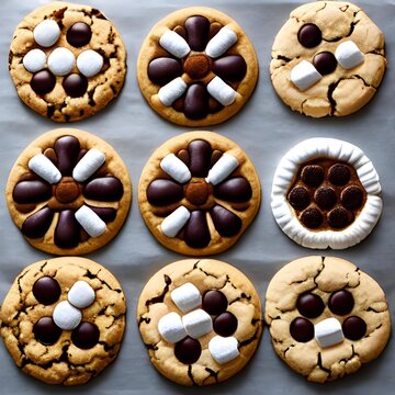 Una imagen realista de varias galletas con malvaviscos y chocolate, generadas por inteligencia artificial
