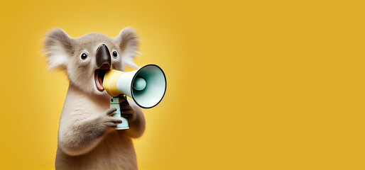 koala bear holding megaphone, panoramic layout. Generative Ai