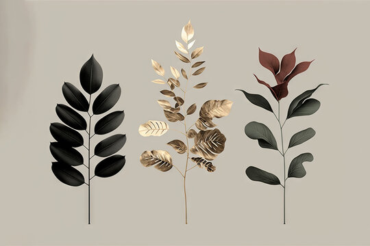 a group of different types of leaves on a gray background with a black frame around it and a white background with a black border around it.  generative ai