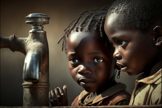 Afrikanische Kinder stehen vor dem Wasserhahn, ai generativ