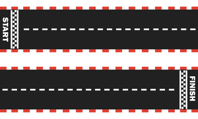 Racing road background with red checkered borders. Race track with start and finish line. Top view. Template design for karting, formula 1, nascar racing. Vector illustration