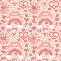 Seamless pattern with retro pink colors hearts.