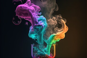  a colorful liquid in a glass filled with water on a black background with a black background and a black background with a red, yellow, blue, pink, green, and pink, and orange smoke.  generative ai