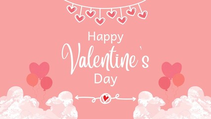 Valentine's day pink background with love shaped ballons and white cloud ornaments