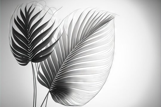  a black and white photo of two large leaves on a white background with a black and white filter to the left of the image, and a black and white photo to the right of the left.  generative ai