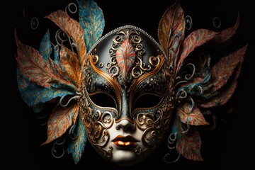 Schöne venezianische Karneval Maske mit Verzierungen und Ornamente Nahaufnahme, ai generativ
