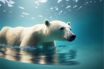 Obraz na płótnie Canvas a polar bear swimming in the water with a lot of fish around it's neck and head, with a bright blue sky and white background. generative ai