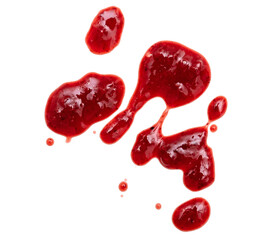 Drops and stains of liquid red berry jam or sauce isolated on transparent background, top view, PNG - 566708946