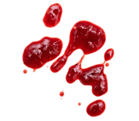 Drops and stains of liquid red berry jam or sauce isolated on transparent background, top view, PNG