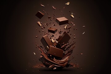 Fototapeta na wymiar a pile of chocolate cubes flying through the air with a splash of chocolate on top of them on a dark background with a splash of chocolate. generative ai
