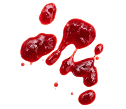 Drops and stains of liquid red berry jam or sauce isolated on transparent background, top view, PNG
