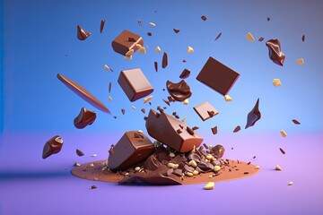  a pile of chocolate pieces falling into a pile of chocolate chips on a purple and blue background with scattered pieces of chocolate on the ground.  generative ai