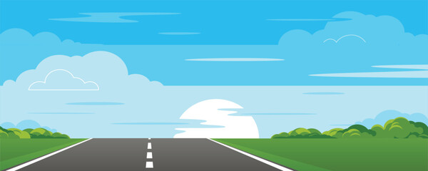 Fototapeta premium Road on background of natural landscape. Asphalt highway with markings through countryside.