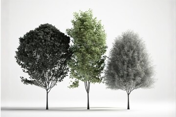  a group of four trees in a row on a white background with a light reflection on the ground and the trees in the foreground.  generative ai