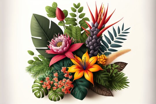  a bouquet of tropical flowers and leaves on a white background with a place for the text on the bottom of the image is a picture.  generative ai