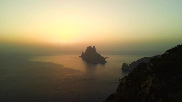 Magic Sunset golden hour es vedra island on ibiza Great aerial view flight drone