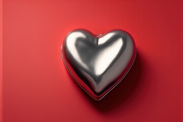  a silver heart on a red background with a shadow on the bottom of the heart is the shape of a large, shiny metal object.  generative ai