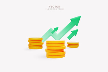 3d growth stock chart with coins investing icon, Excellent investing business graph on background . 3d rendering. Vector illustration