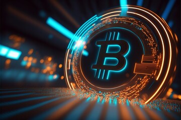 Hintergrundmotiv eines Bitcoins im technisch futuristischem Style, ai generativ