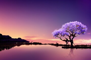 Violet magic tree near beautiful pinkish lake. Generative AI