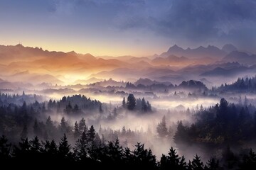 Beautiful misty forest landscape. Fantasy forest landscape. Generative AI