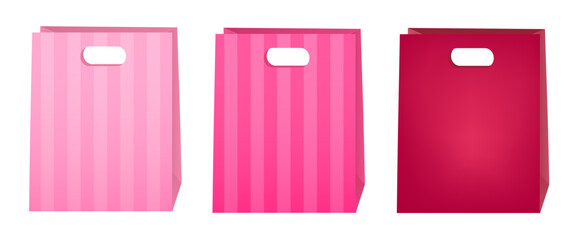 Red and pink paper bags with 3d hearts, stripes and ribbon. Gifts