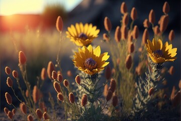  a field of yellow flowers with a sunset in the background of the picture in the background and a building in the background.  generative ai