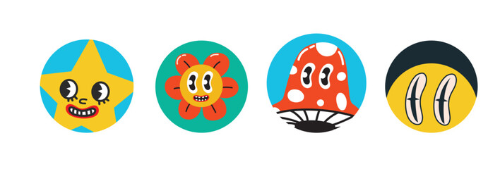 Obraz premium Set of Vector highlight covers. Collection of elements in trendy retro cartoon style. Hand drawn templates. Round icons for social media stories. Perfect for bloggers