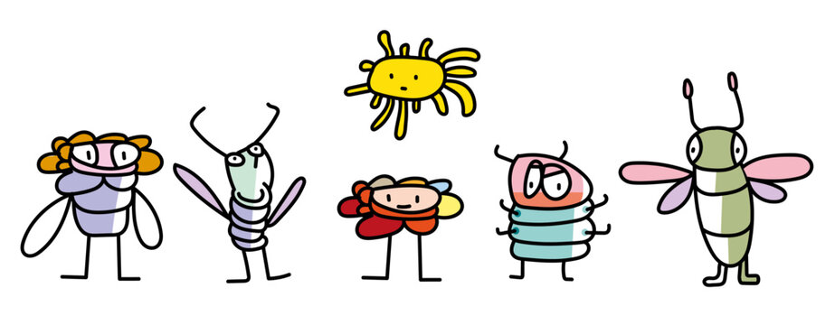 Set Insektenfiguren, lustige fröhliche Käfer, Fliege, Sonne  und komische Raupe. Niedliche Insektenmaskottchen, Szene mit cartoon Tierchen, Isolierte vector icons