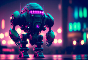 Obraz na płótnie Canvas Futuristic cyborg droid on a blurred cyberpunk city background with bright neon lights. bokeh effect. Future concept. Generative AI illustration.