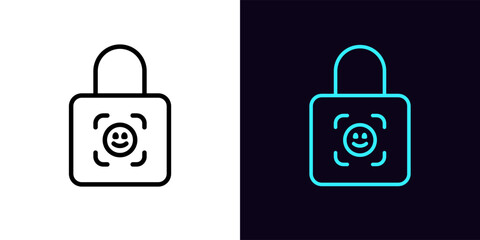 Outline lock ID icon, with editable stroke. Lock frame with face ID sign, safe digital access. Cyber security, biometric facial scan, personal identify, verification check.