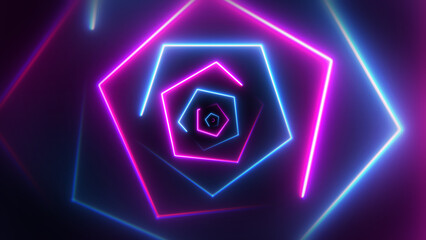 Blue and purple neon tunnel made by pentagons