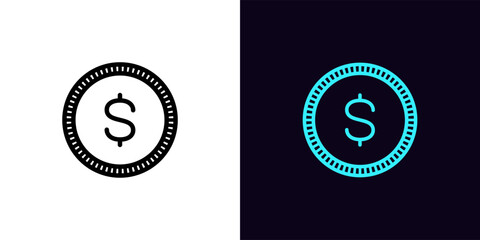 Outline dollar token icon, with editable stroke. Token frame with dollar sign, USDT coin pictogram. Digital USD token transaction, cryptocurrency exchange, virtual money wallet.