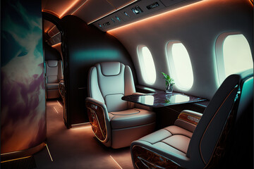 Interior of an empty luxury charter airplane interior with leather seats, windows, LED ambient lights, reflective table, flight during daytime, generative AI - obrazy, fototapety, plakaty