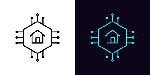 Outline home circuit icon, with editable stroke. Micro circuit frame with house sign, iot home pictogram. Smart house control system, iot chip and network cpu, remote home security.