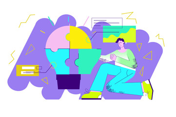 Violet concept Business idea with people scene in the flat cartoon design. Man implements his business idea in parts