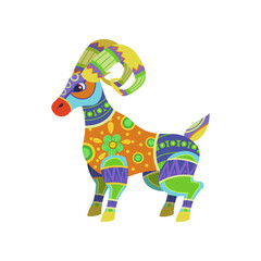 Fantastic goat as traditional Mexican decorative element isolated on white background. Colorful Mexican alebrije vector illustration. Mexico, decoration, celebration concept