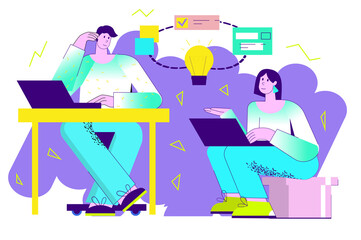 Business meeting violet concept with people scene in the flat cartoon design. Two business people met to work together on laptops and discuss important issues