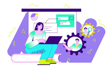 Work flow violet concept with people scene in the flat cartoon style. Manager works with his colleagues online