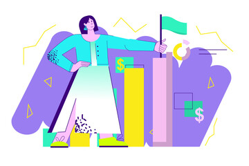 Violet concept Business grow with people scene in the flat cartoon design. Businesswoman is happy with the success and rapid development of her company