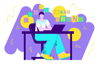 Brand violet concept with people scene in the flat cartoon style. Employee in office develops a brand design for new client