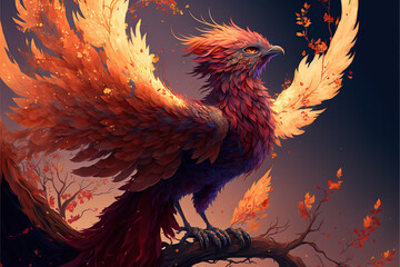 Fototapeta premium the Phoenix is perched on a branch of dried flowers. She has bright, fiery feathers that form a long, luxurious tail.