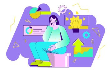 Searching business ideas violet concept with people scene in the flat cartoon style. Woman is thinking about new ideas for business projects