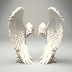 A pair of angle's white feather wings, top lights, isolated on simple background.