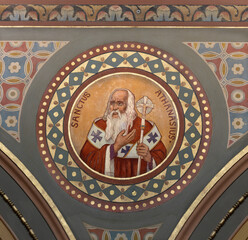 BERN, SWITZERLAND - JUNY 27, 2022: The fresco of St. Athanasius in the church Dreifaltigkeitskirche...